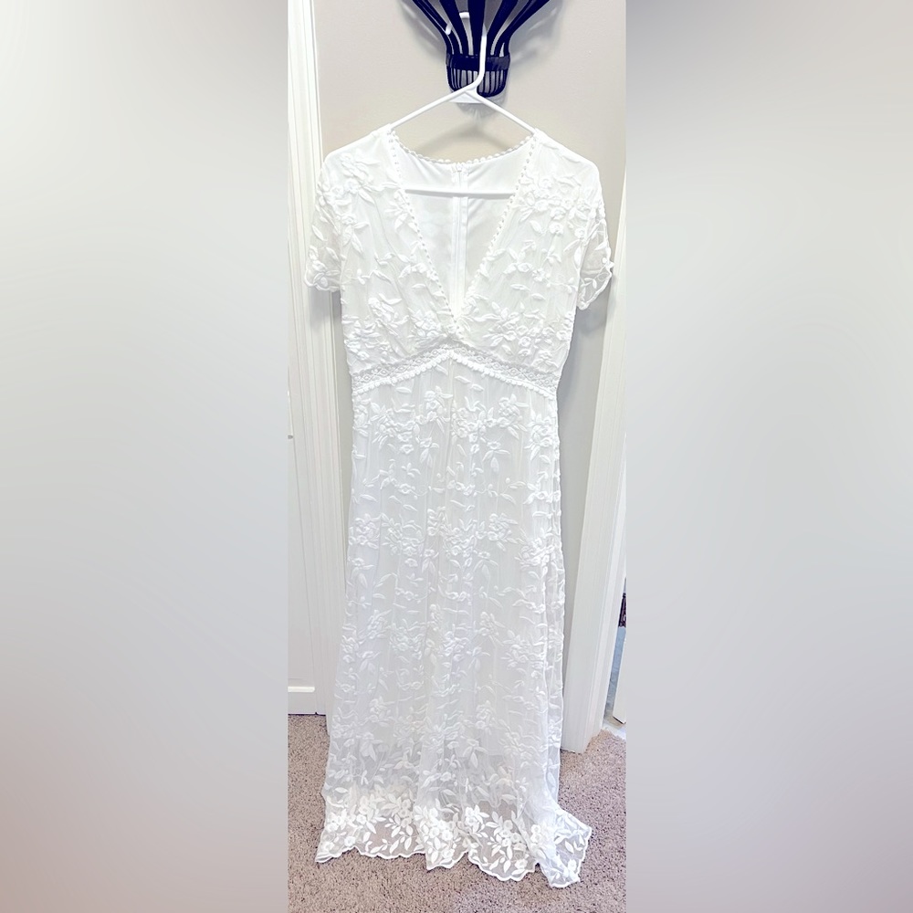 Long White Floral Print Dress